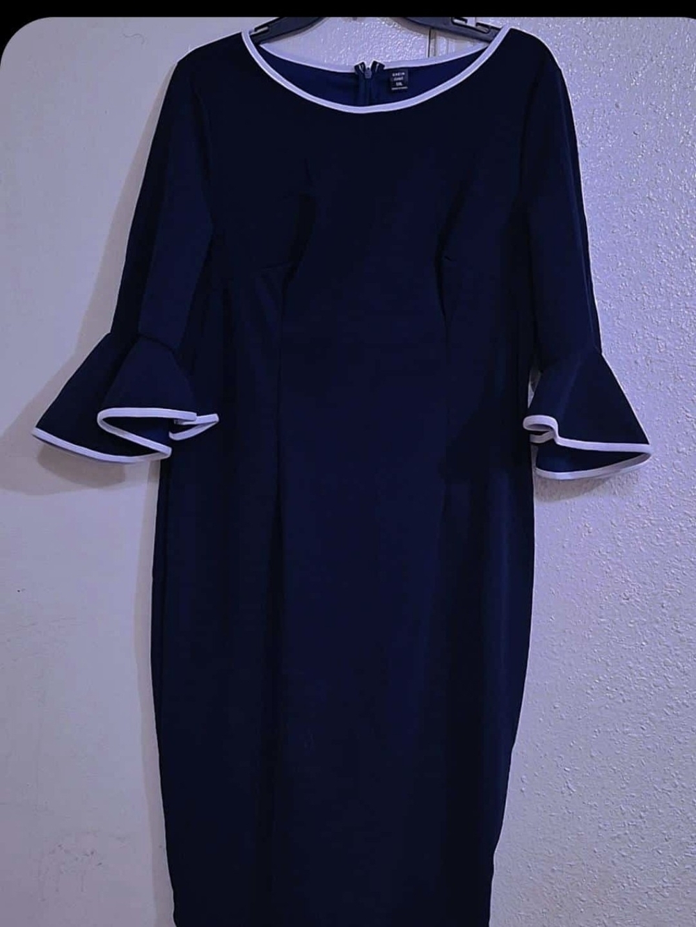 Navy Long-Sleeve Shift Dress with White Trim